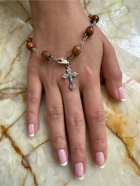 Rosary Bracelet 925 sterling silver with Brown Wood Beads